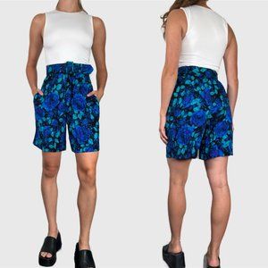 Vintage 80s Blue Shorts, 1980s Floral Bermuda Belt Summer Shorts